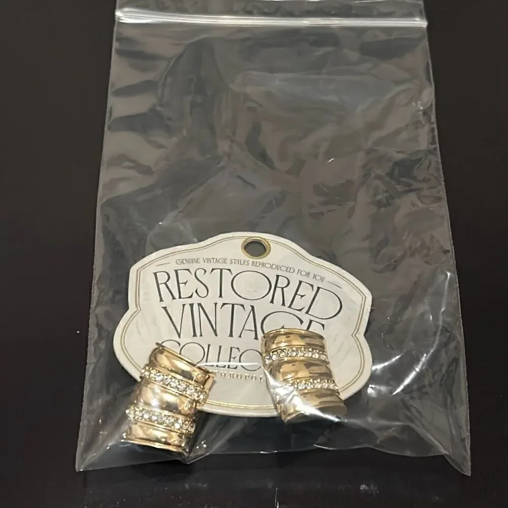 Anthropologie Restored Vintage Crystal Encrusted Curved Earrings 14K Gold Plate